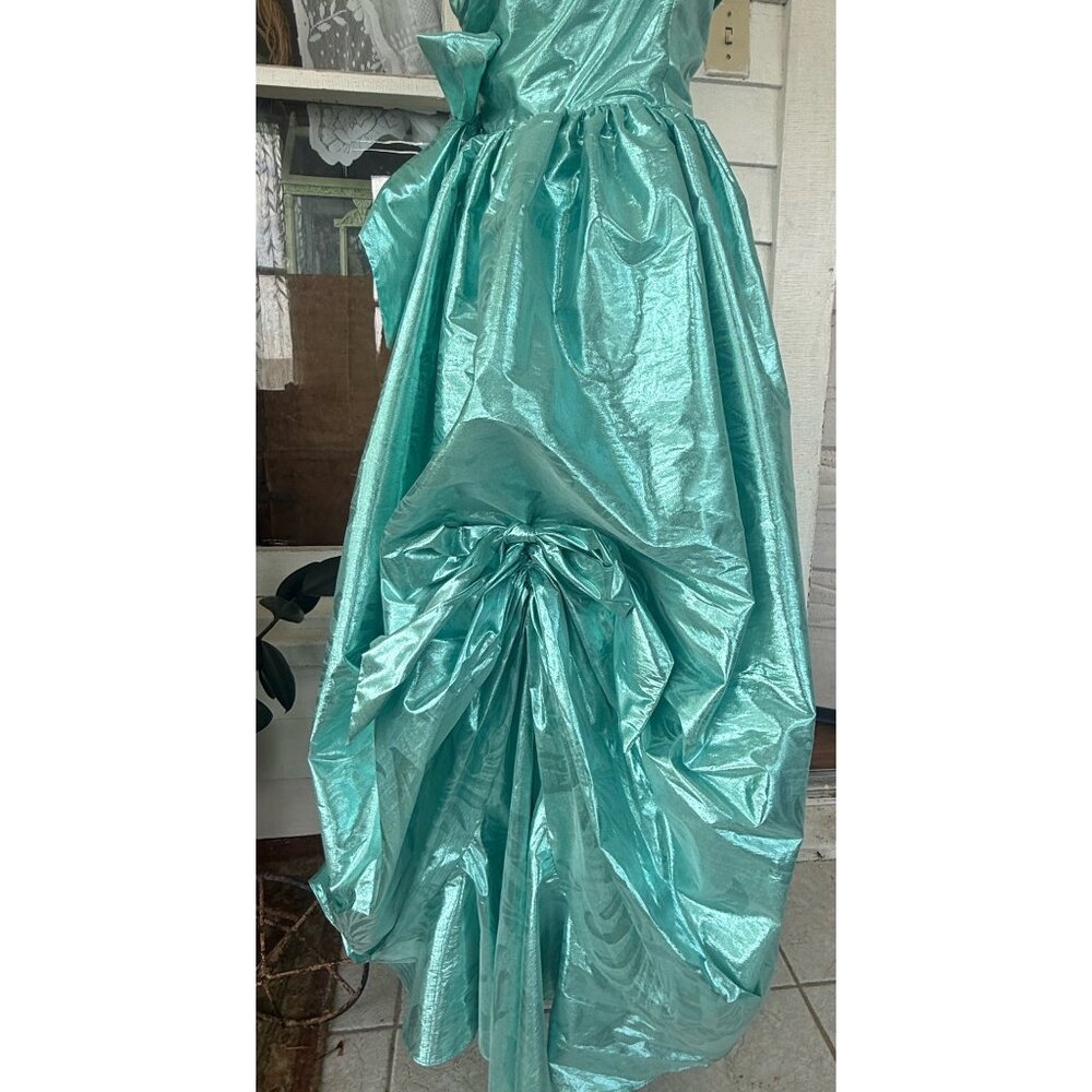 Vintage 80's Aqua Green Lame' Ball /Prom Gown Bustled Bow TD4 Eletra size 11/12 - Picture 2 of 16
